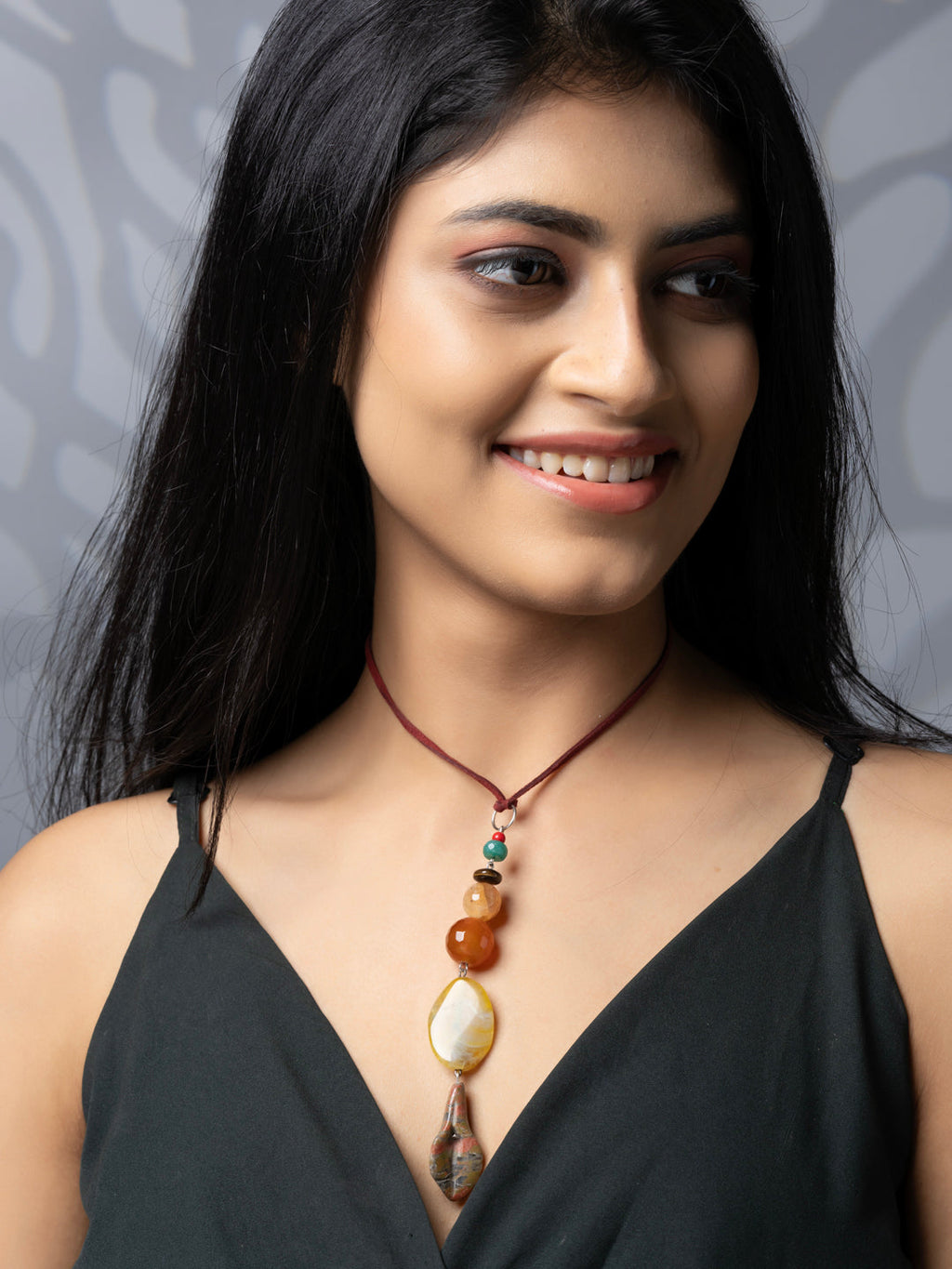 Semi Precious Black Brown Onyx Agate Lily Sleek necklace with adjustable Suede Cord LOOK AND ADORN - designed for you