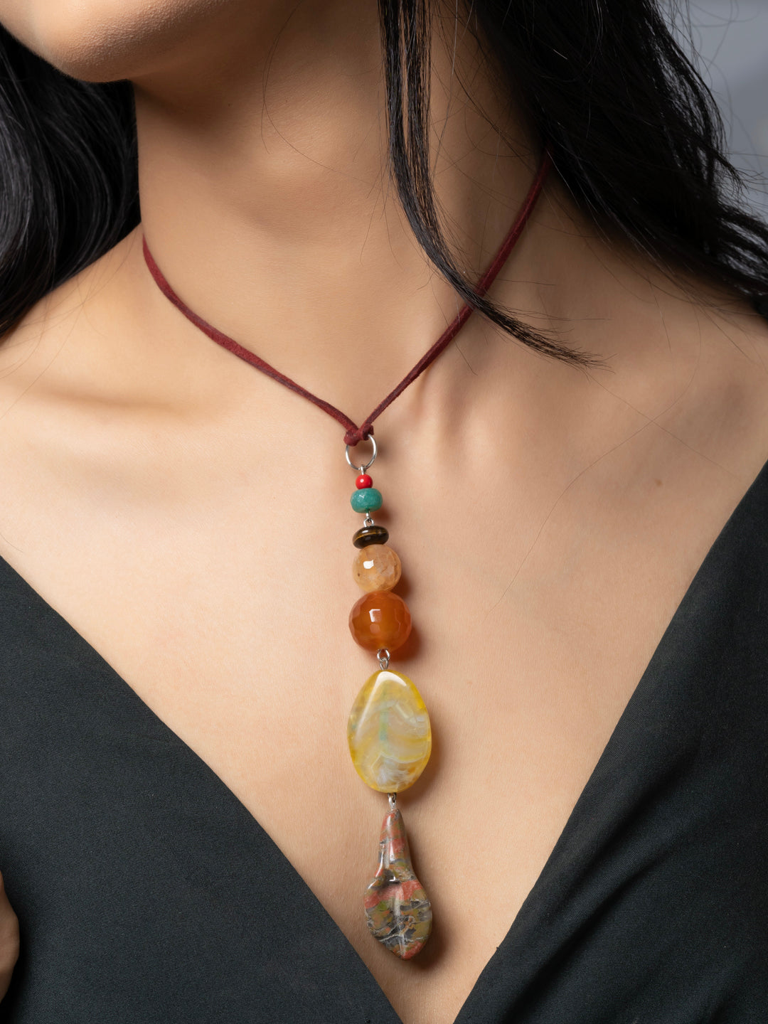 Semi Precious Black Brown Onyx Agate Lily Sleek necklace with adjustable Suede Cord LOOK AND ADORN - designed for you
