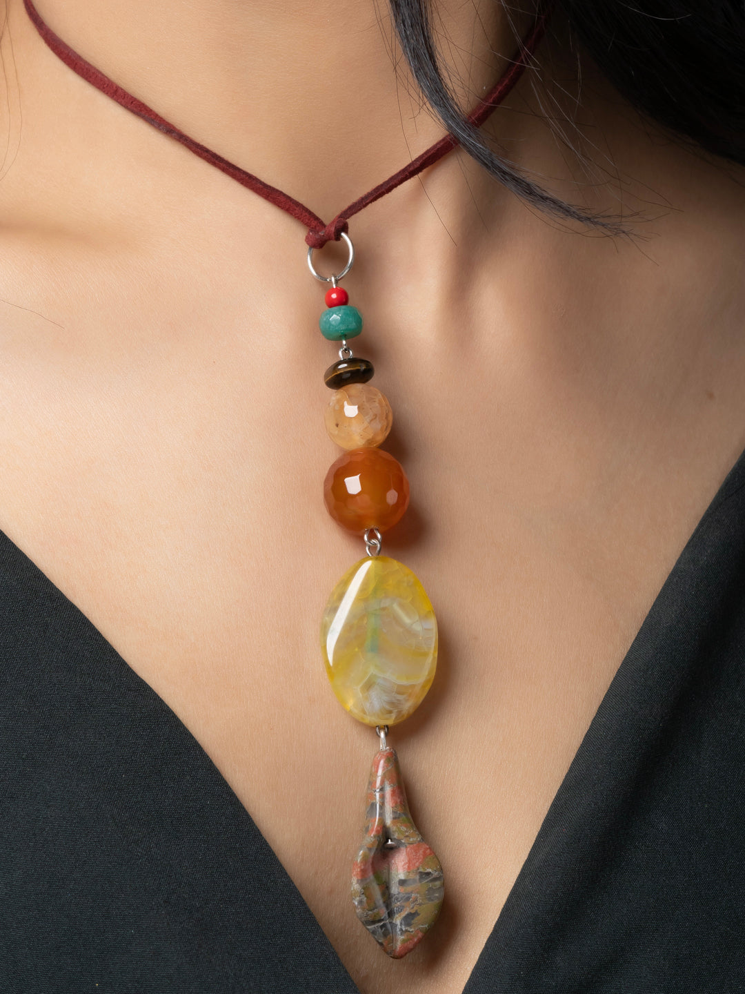 Semi Precious Black Brown Onyx Agate Lily Sleek necklace with adjustable Suede Cord LOOK AND ADORN - designed for you
