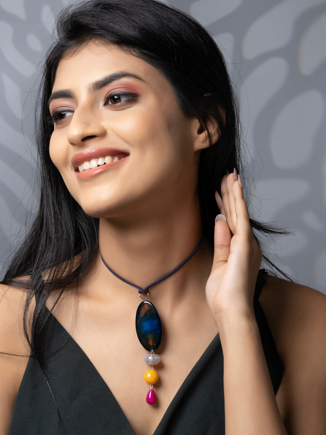 Semi Precious Blue Yellow Pink Onyx Agate Sleek necklace with adjustable Suede Cord LOOK AND ADORN - designed for you