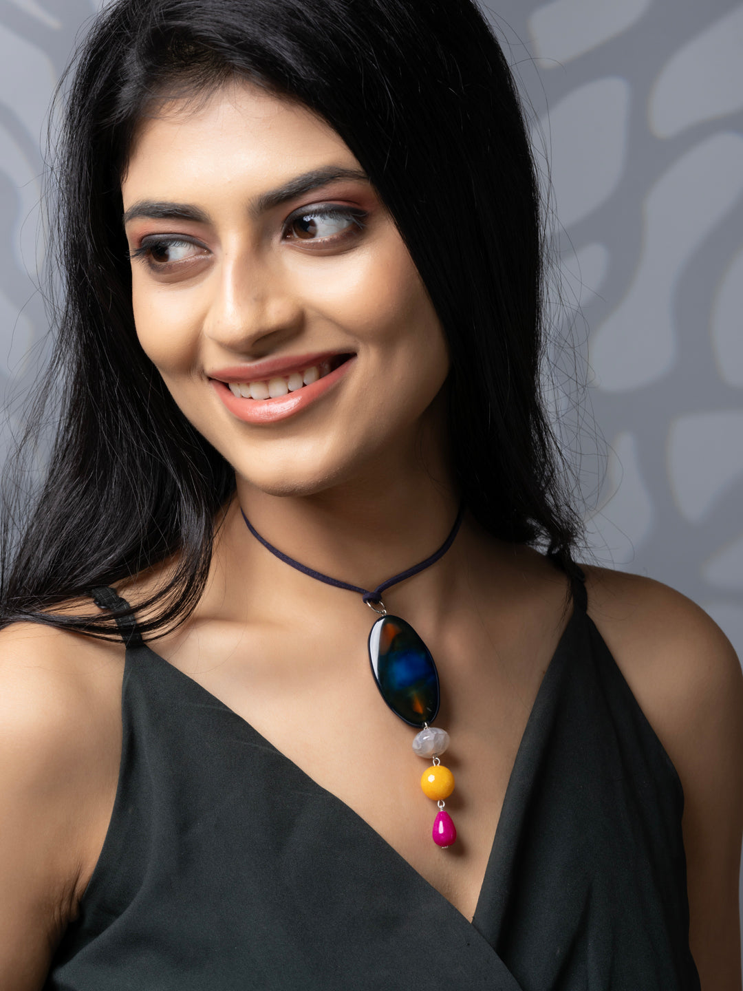 Semi Precious Blue Yellow Pink Onyx Agate Sleek necklace with adjustable Suede Cord LOOK AND ADORN - designed for you