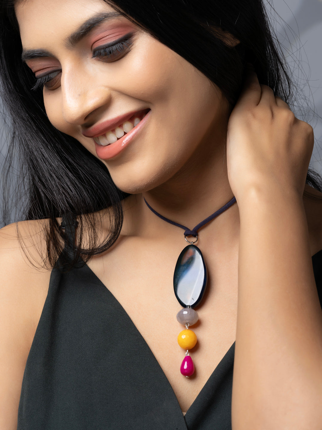 Semi Precious Blue Yellow Pink Onyx Agate Sleek necklace with adjustable Suede Cord LOOK AND ADORN - designed for you