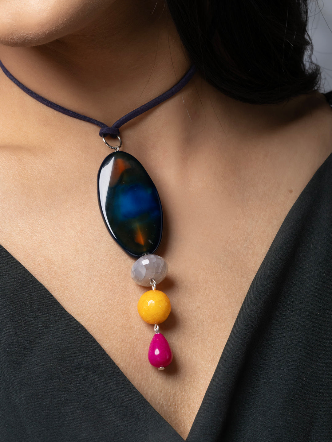 Semi Precious Blue Yellow Pink Onyx Agate Sleek necklace with adjustable Suede Cord LOOK AND ADORN - designed for you