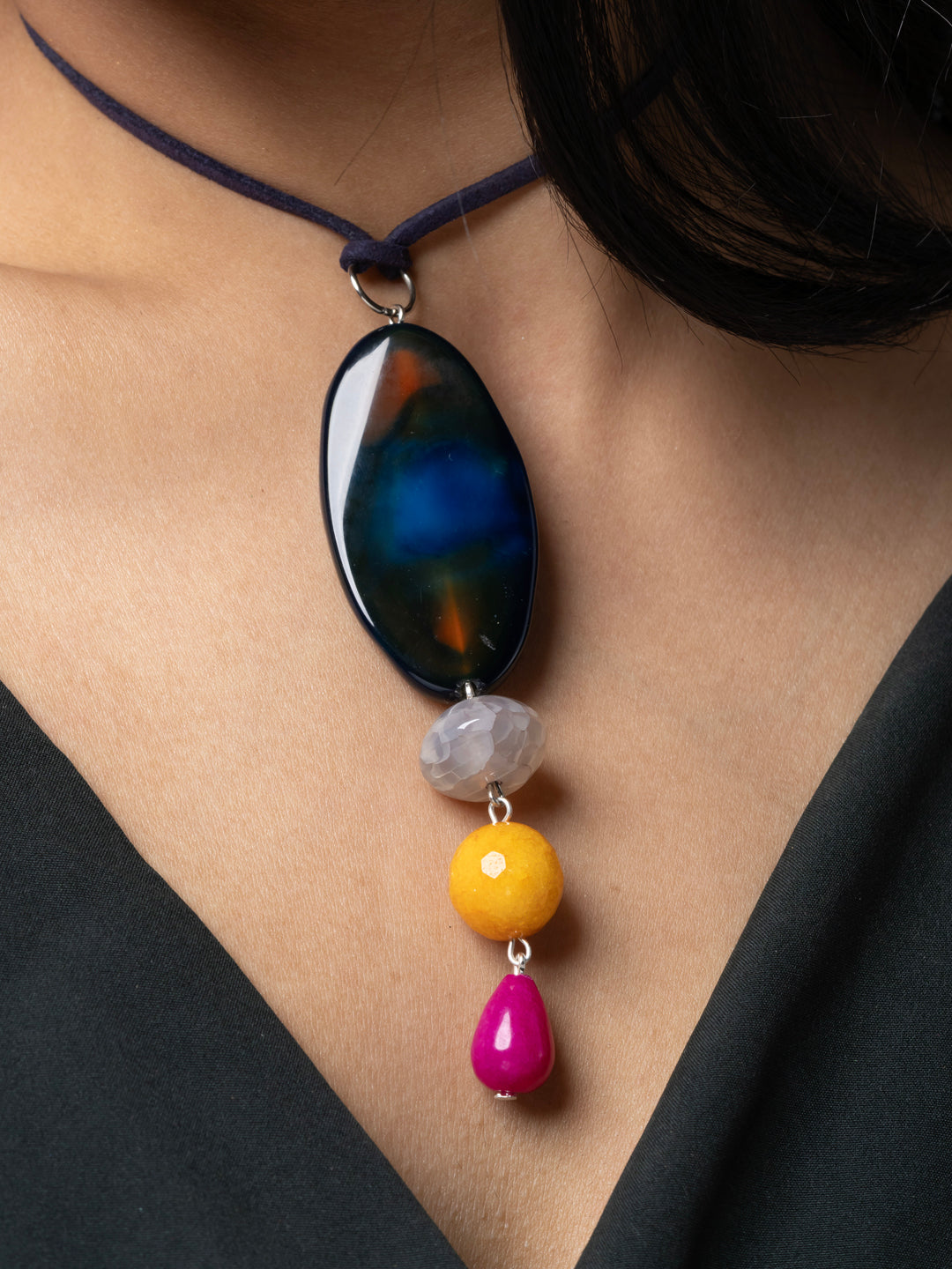 Semi Precious Blue Yellow Pink Onyx Agate Sleek necklace with adjustable Suede Cord LOOK AND ADORN - designed for you