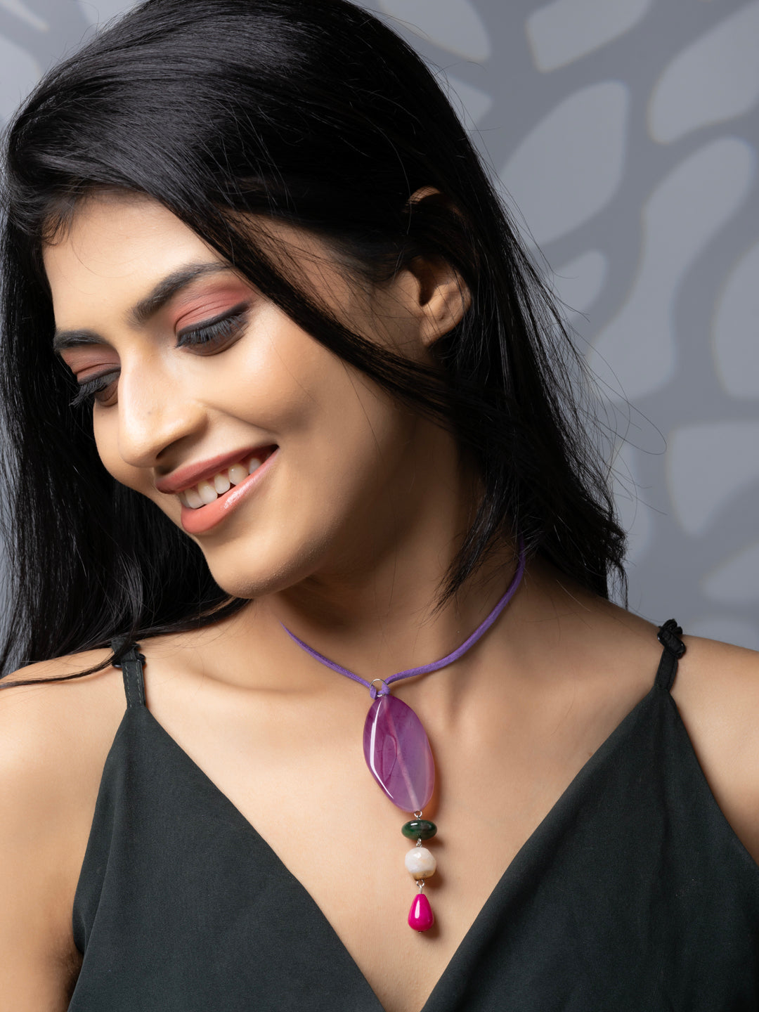 Semi Precious Pink Purple Green Onyx Agate Sleek necklace with adjustable Suede Cord LOOK AND ADORN - designed for you