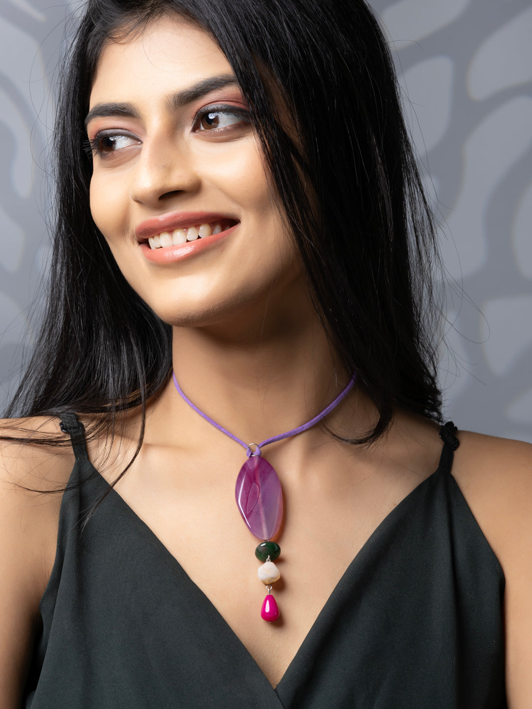Semi Precious Pink Purple Green Onyx Agate Sleek necklace with adjustable Suede Cord LOOK AND ADORN - designed for you