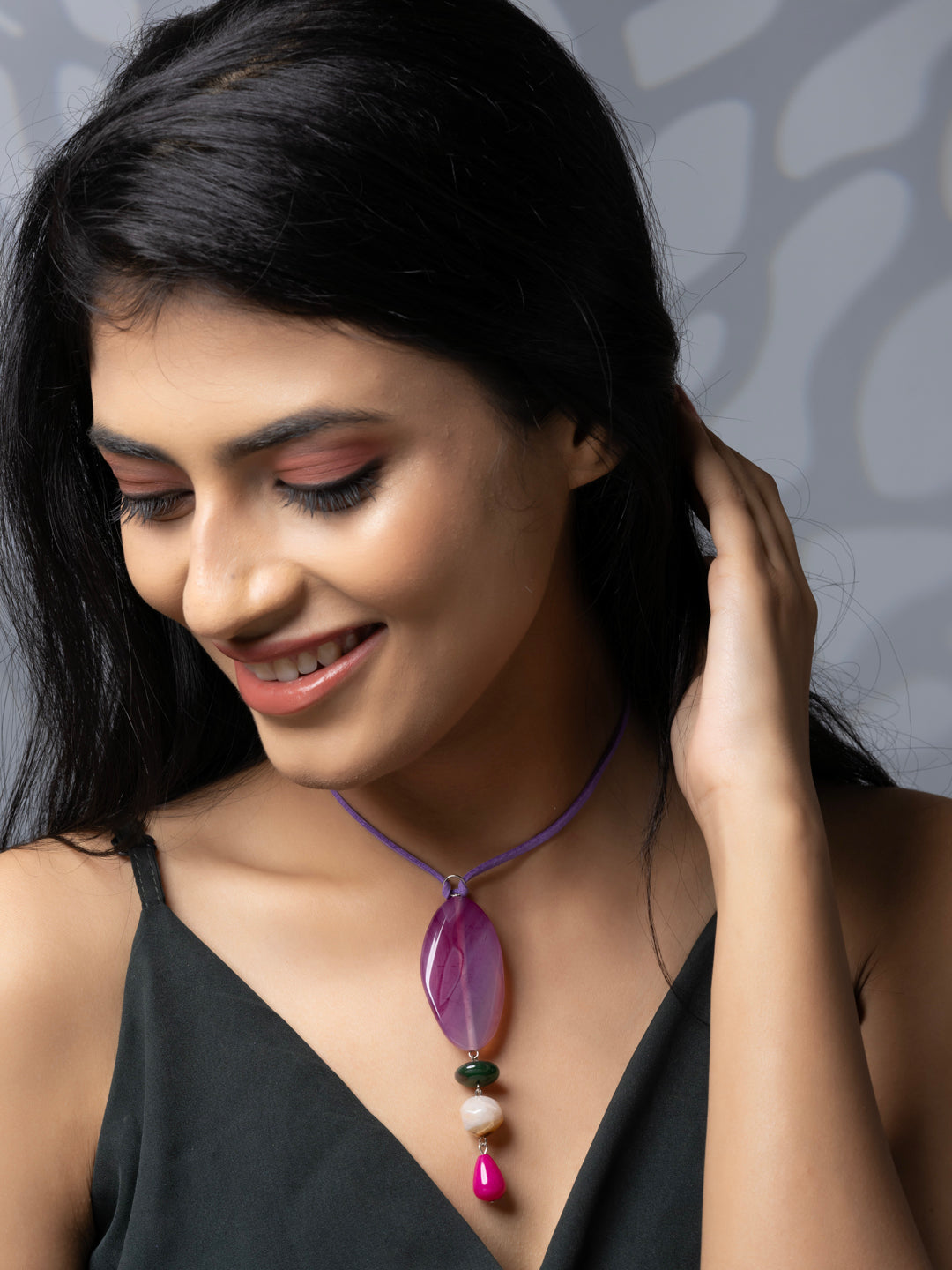 Semi Precious Pink Purple Green Onyx Agate Sleek necklace with adjustable Suede Cord LOOK AND ADORN - designed for you