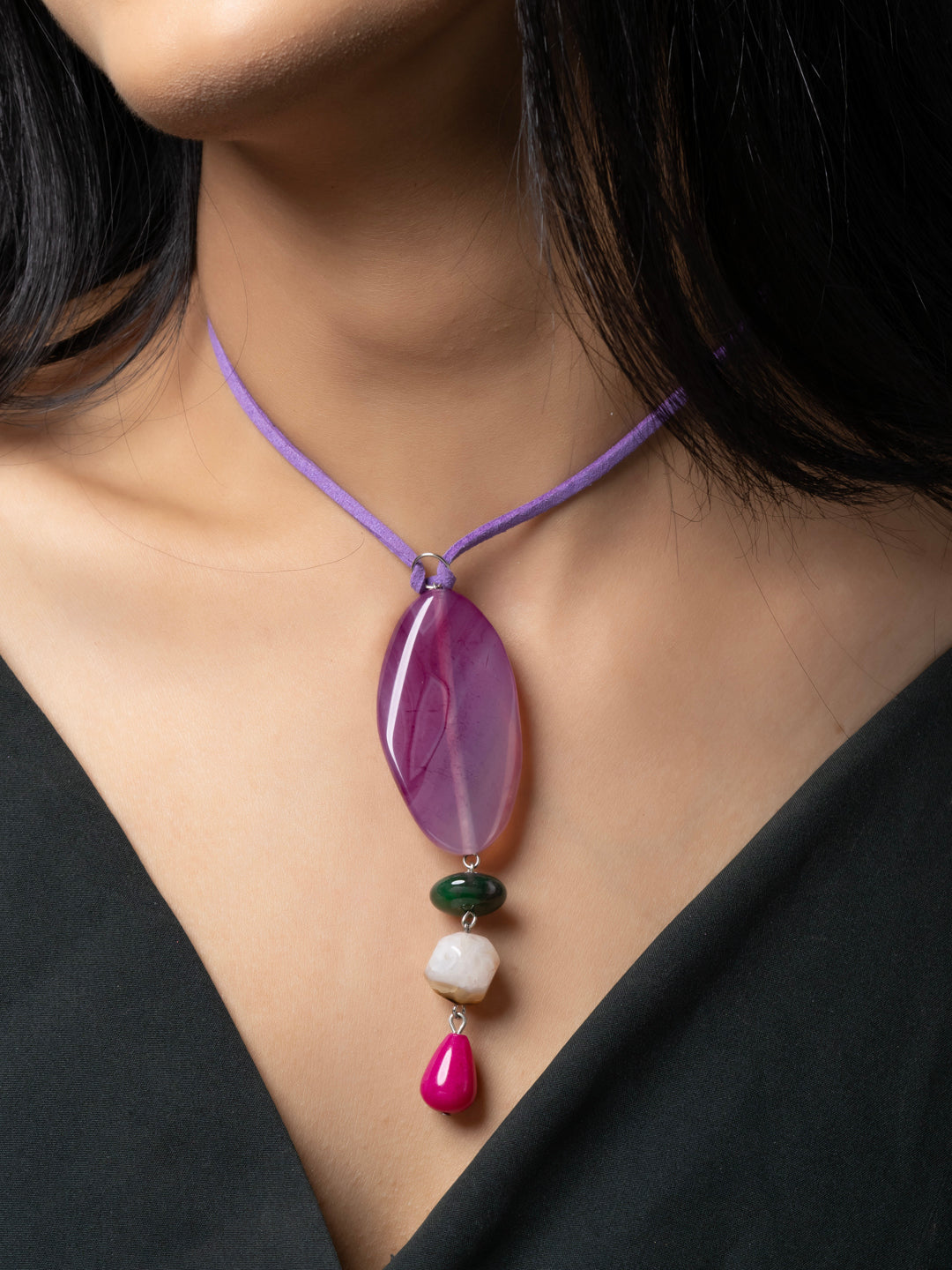 Semi Precious Pink Purple Green Onyx Agate Sleek necklace with adjustable Suede Cord LOOK AND ADORN - designed for you