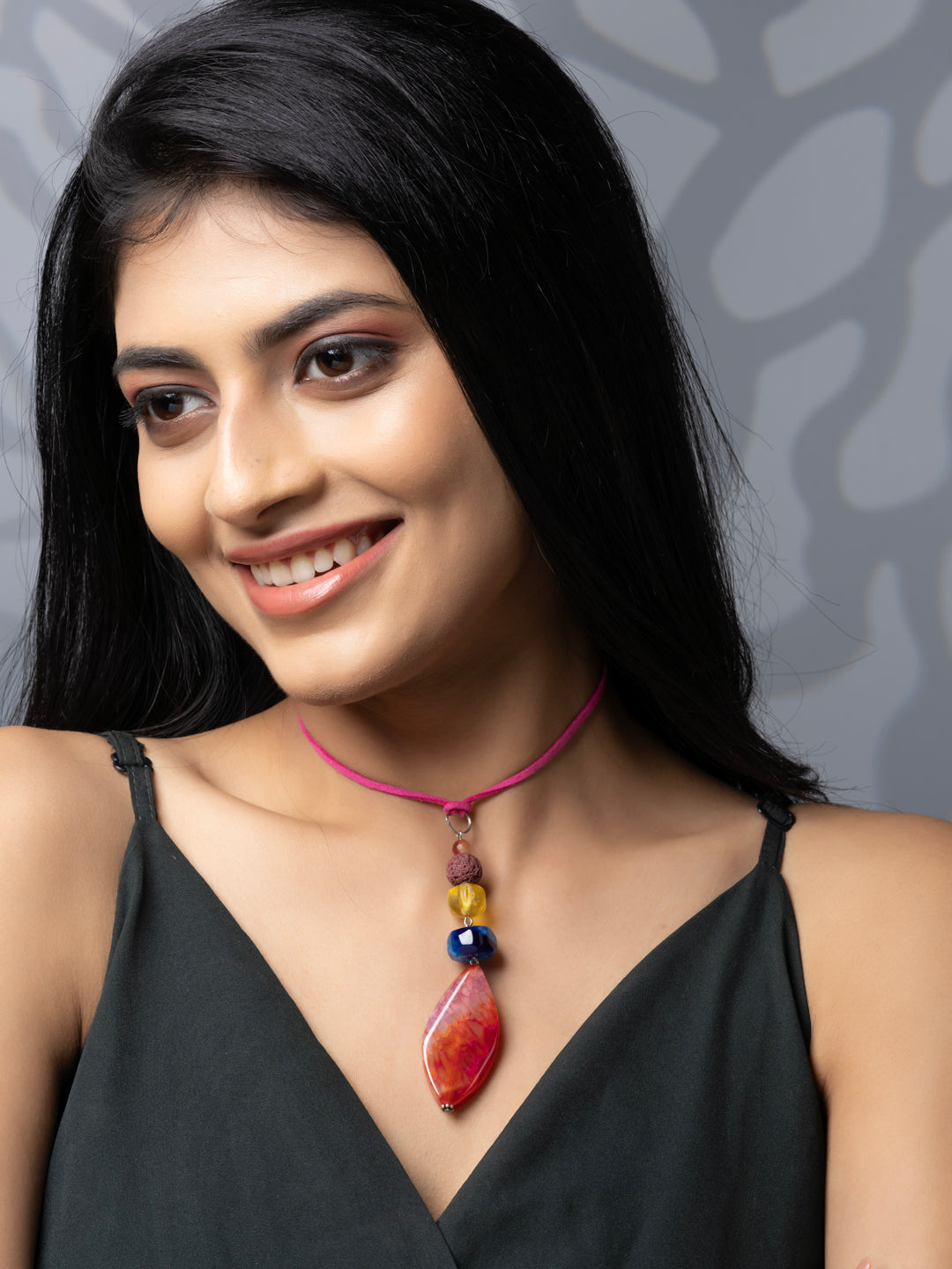 Semi Precious Pink Blue Yellow Orange Onyx Agate Lava Sleek necklace with adjustable Suede Cord LOOK AND ADORN - designed for you