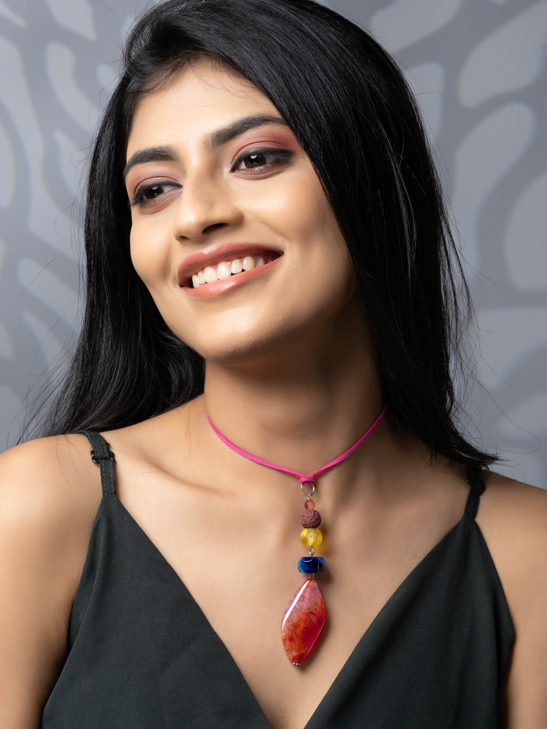 Semi Precious Pink Blue Yellow Orange Onyx Agate Lava Sleek necklace with adjustable Suede Cord LOOK AND ADORN - designed for you