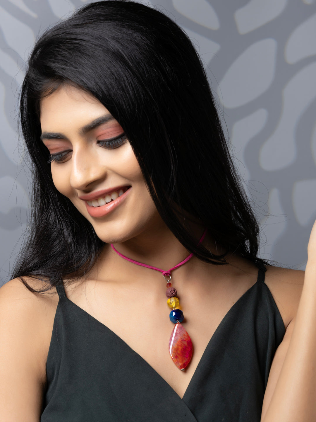 Semi Precious Pink Blue Yellow Orange Onyx Agate Lava Sleek necklace with adjustable Suede Cord LOOK AND ADORN - designed for you