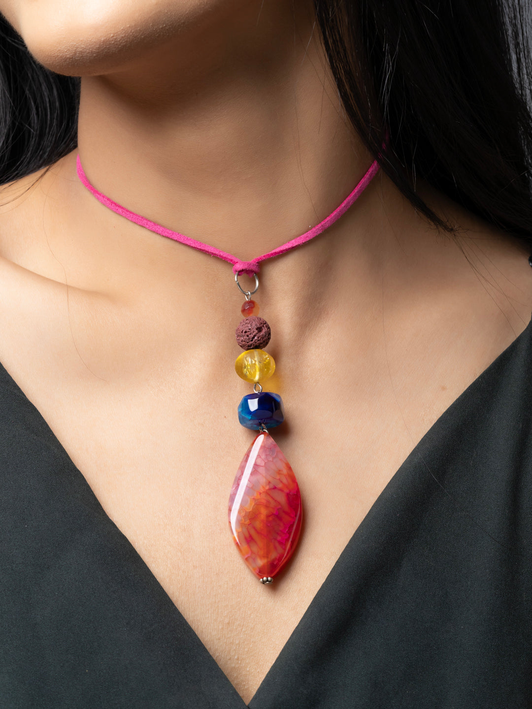 Semi Precious Pink Blue Yellow Orange Onyx Agate Lava Sleek necklace with adjustable Suede Cord LOOK AND ADORN - designed for you