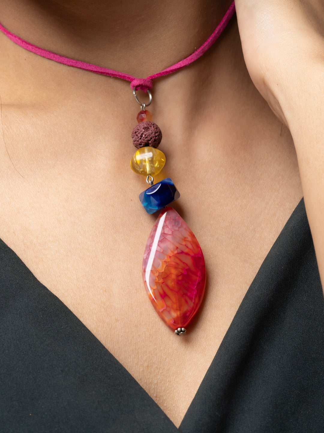 Semi Precious Pink Blue Yellow Orange Onyx Agate Lava Sleek necklace with adjustable Suede Cord LOOK AND ADORN - designed for you