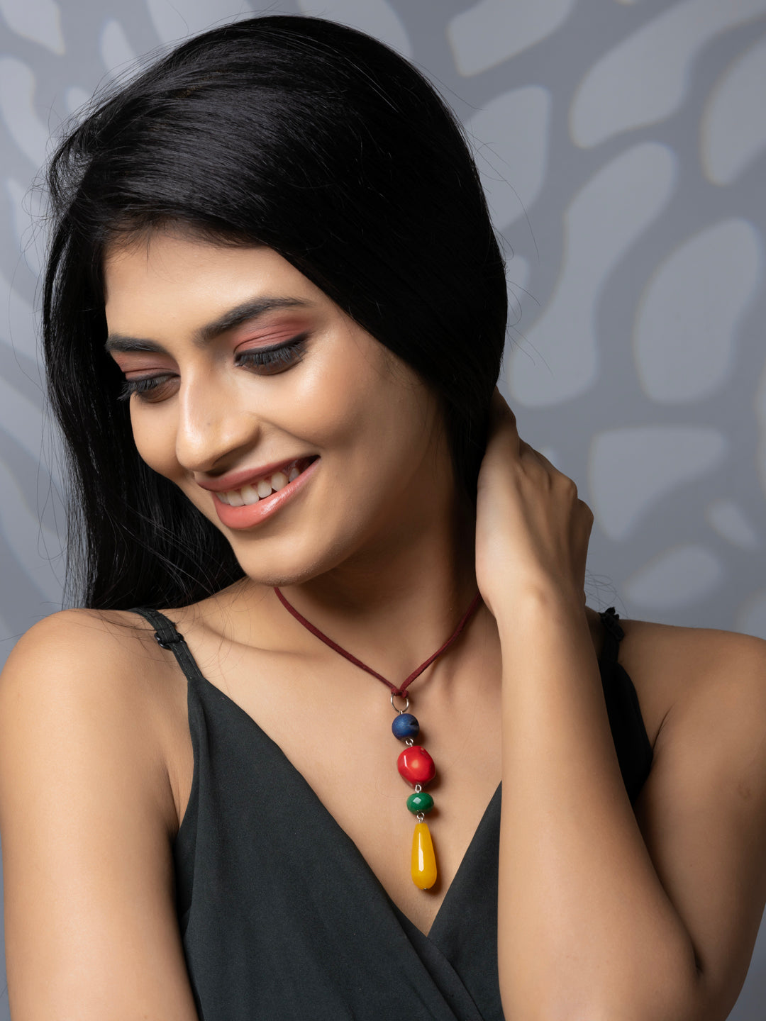 Semi Precious Red Blue Green Yellow Druzy Onyx Agate Coral Sleek necklace with adjustable Suede Cord LOOK AND ADORN - designed for you