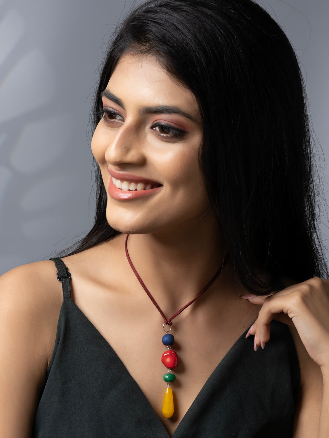 Semi Precious Red Blue Green Yellow Druzy Onyx Agate Coral Sleek necklace with adjustable Suede Cord LOOK AND ADORN - designed for you