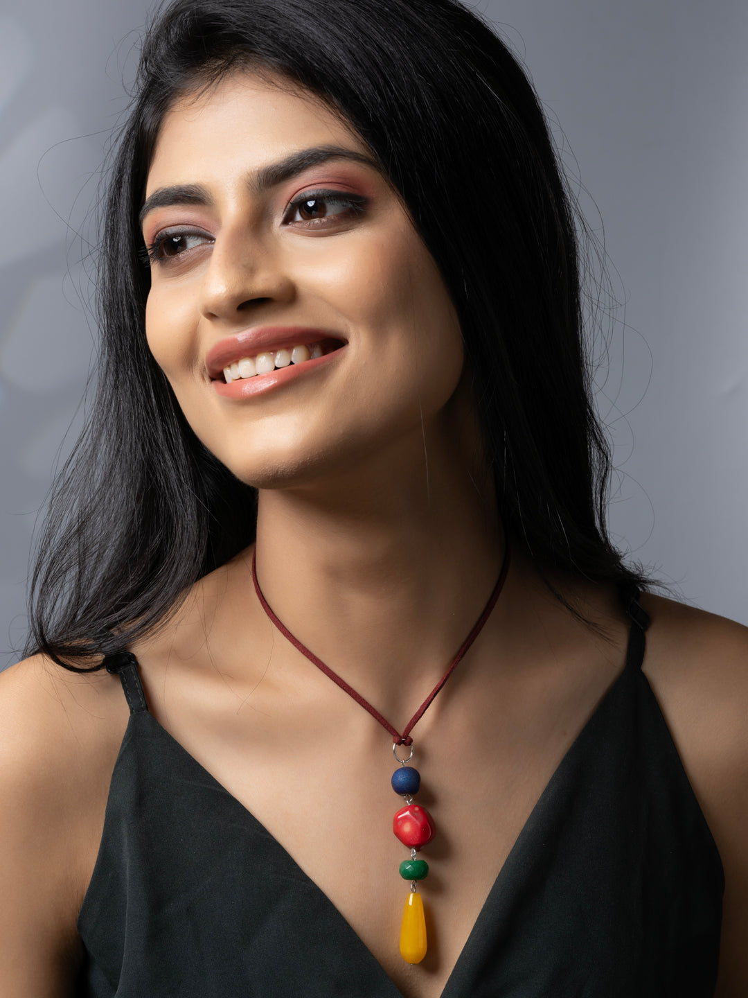 Semi Precious Red Blue Green Yellow Druzy Onyx Agate Coral Sleek necklace with adjustable Suede Cord LOOK AND ADORN - designed for you