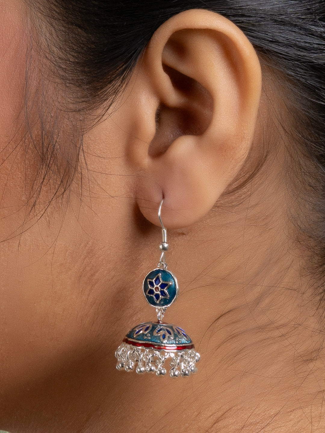 Red Blue Floral Meenakari Enamel Jhumka Earring