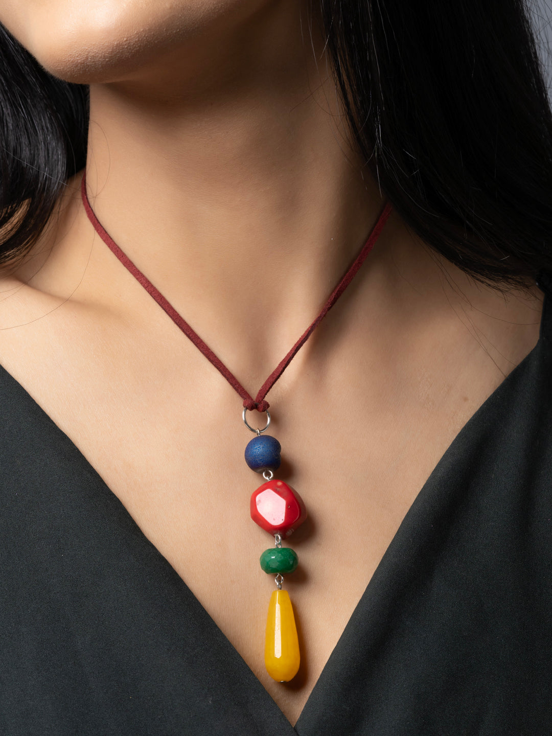 Semi Precious Red Blue Green Yellow Druzy Onyx Agate Coral Sleek necklace with adjustable Suede Cord LOOK AND ADORN - designed for you