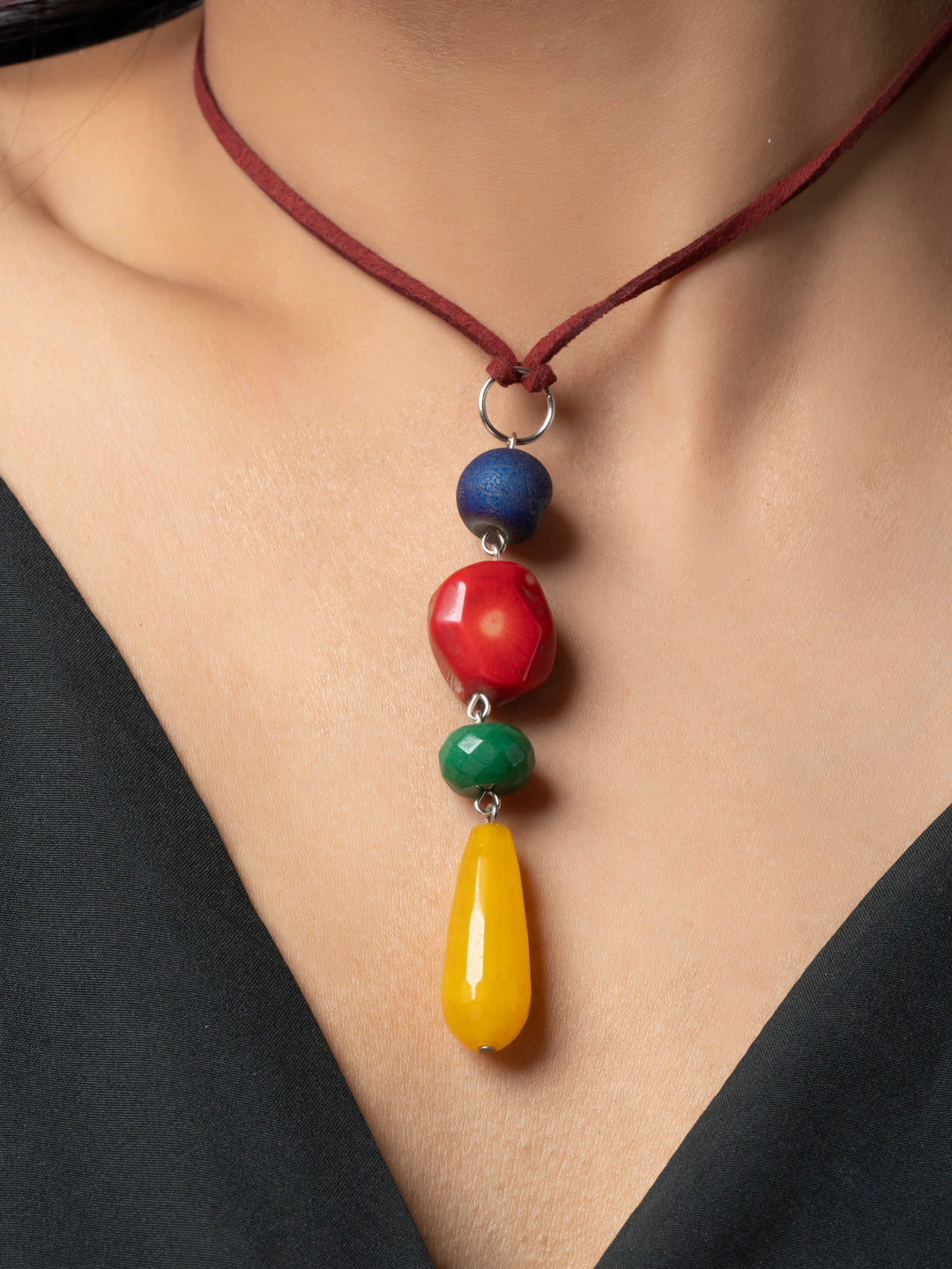 Semi Precious Red Blue Green Yellow Druzy Onyx Agate Coral Sleek necklace with adjustable Suede Cord LOOK AND ADORN - designed for you
