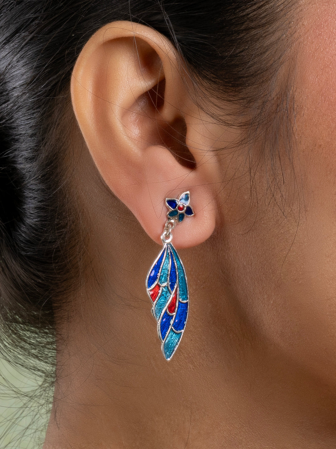 Turquoise Blue Red Floral Stud Butterfly Wing Meenakari Earring