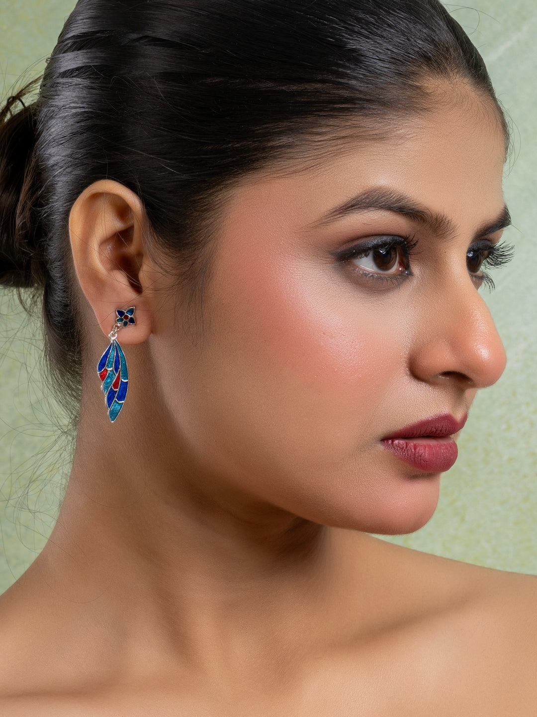 Turquoise Blue Red Floral Stud Butterfly Wing Meenakari Earring