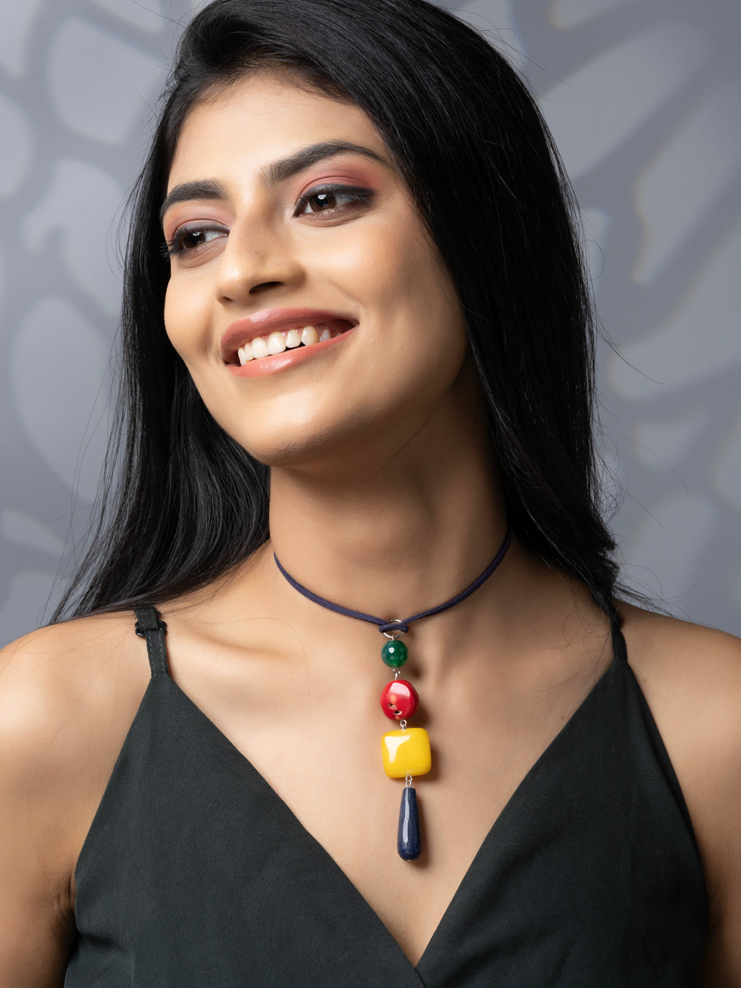 Semi Precious Red Blue Green Yellow Onyx Agate Coral Sleek necklace with adjustable Suede Cord LOOK AND ADORN - designed for you