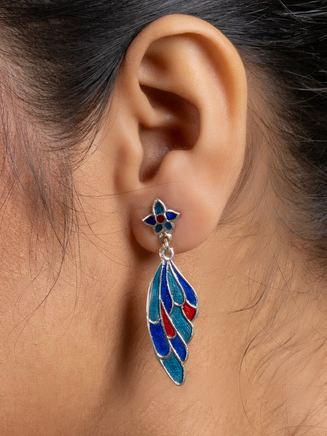 Turquoise Blue Red Floral Stud Butterfly Wing Meenakari Earring