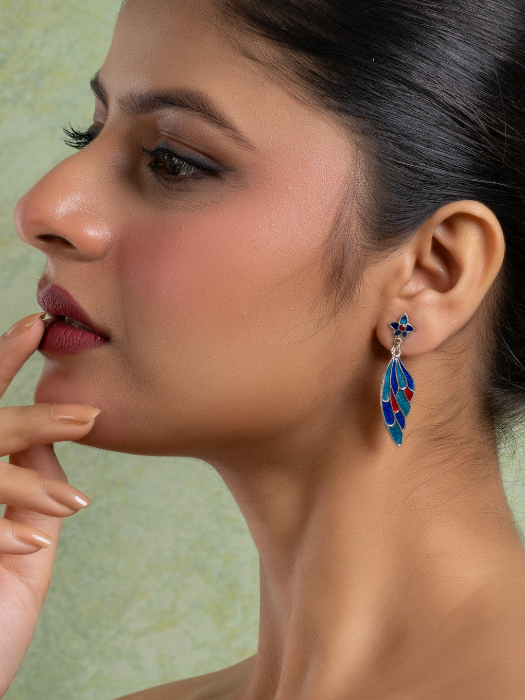 Turquoise Blue Red Floral Stud Butterfly Wing Meenakari Earring