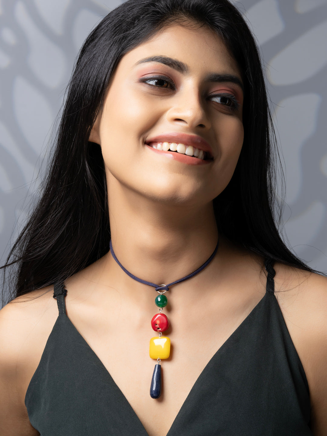 Semi Precious Red Blue Green Yellow Onyx Agate Coral Sleek necklace with adjustable Suede Cord LOOK AND ADORN - designed for you