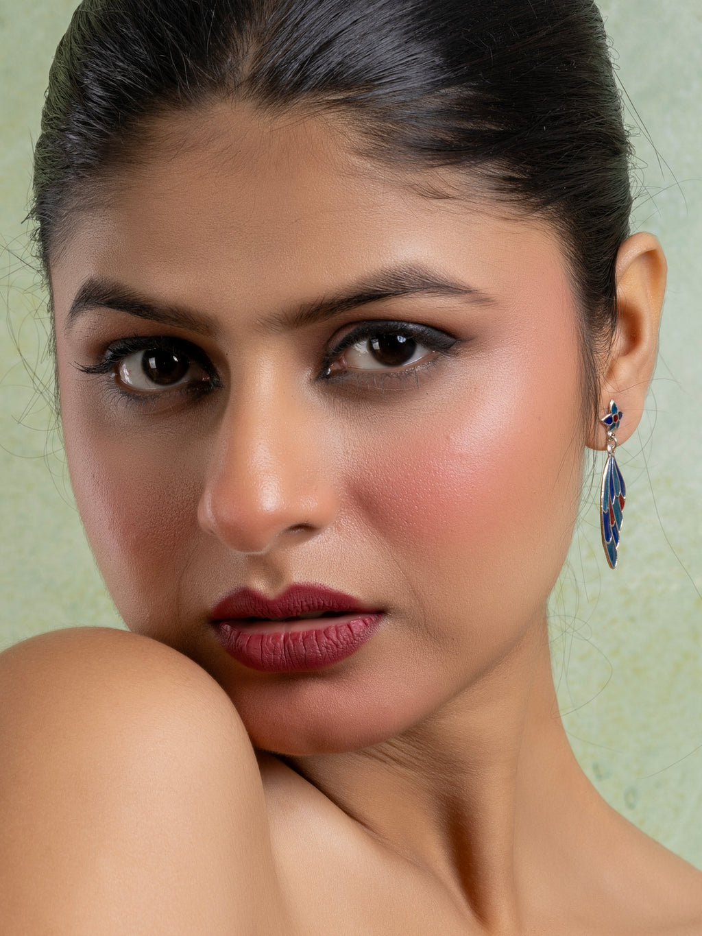 Turquoise Blue Red Floral Stud Butterfly Wing Meenakari Earring