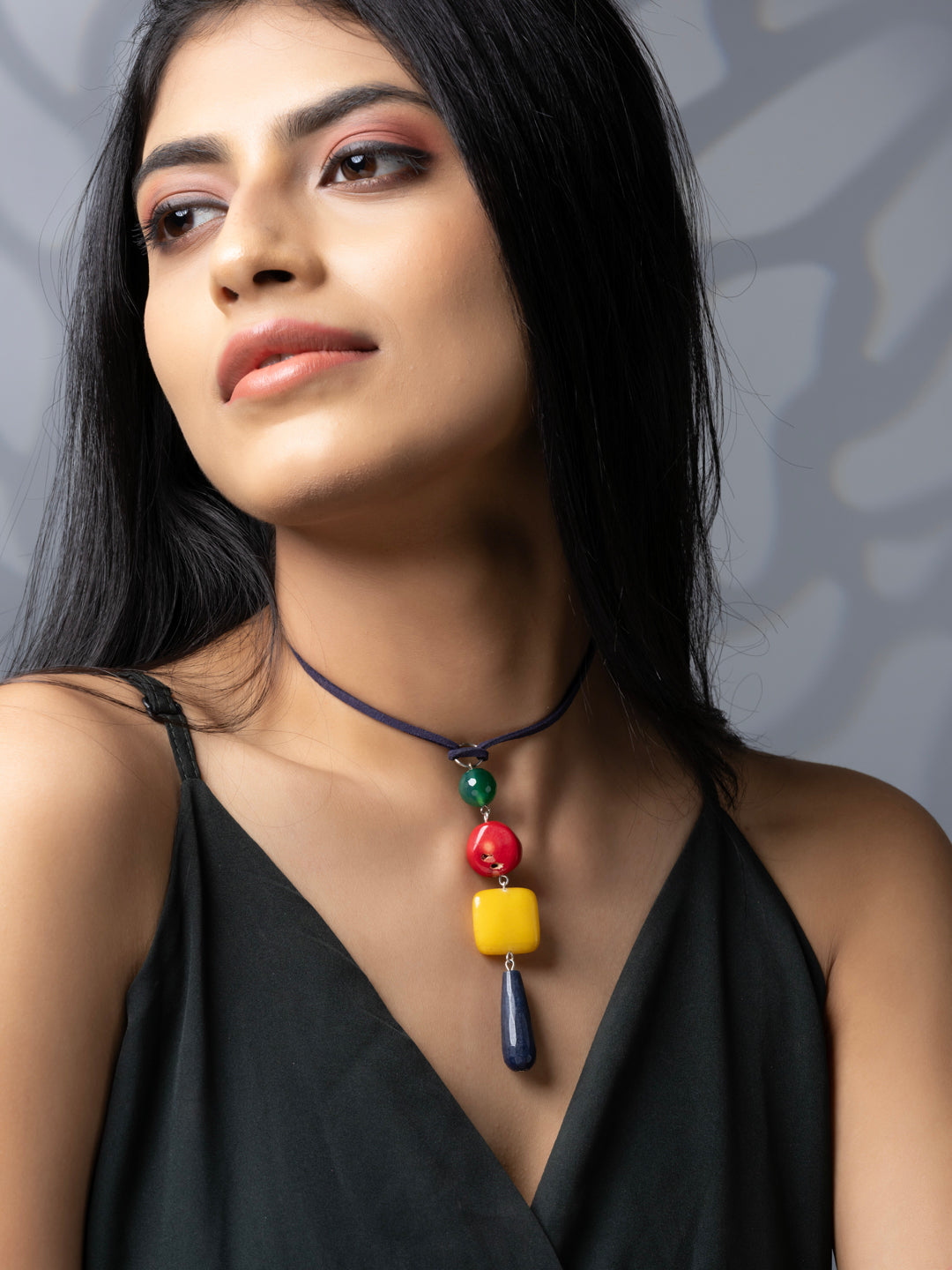 Semi Precious Red Blue Green Yellow Onyx Agate Coral Sleek necklace with adjustable Suede Cord LOOK AND ADORN - designed for you