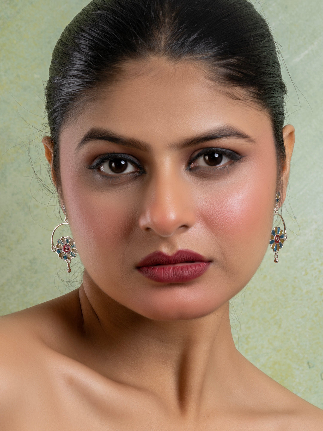 Mehendi Green Turquoise Blue Floral Meenakari Enamel Stud Chandbali Earring