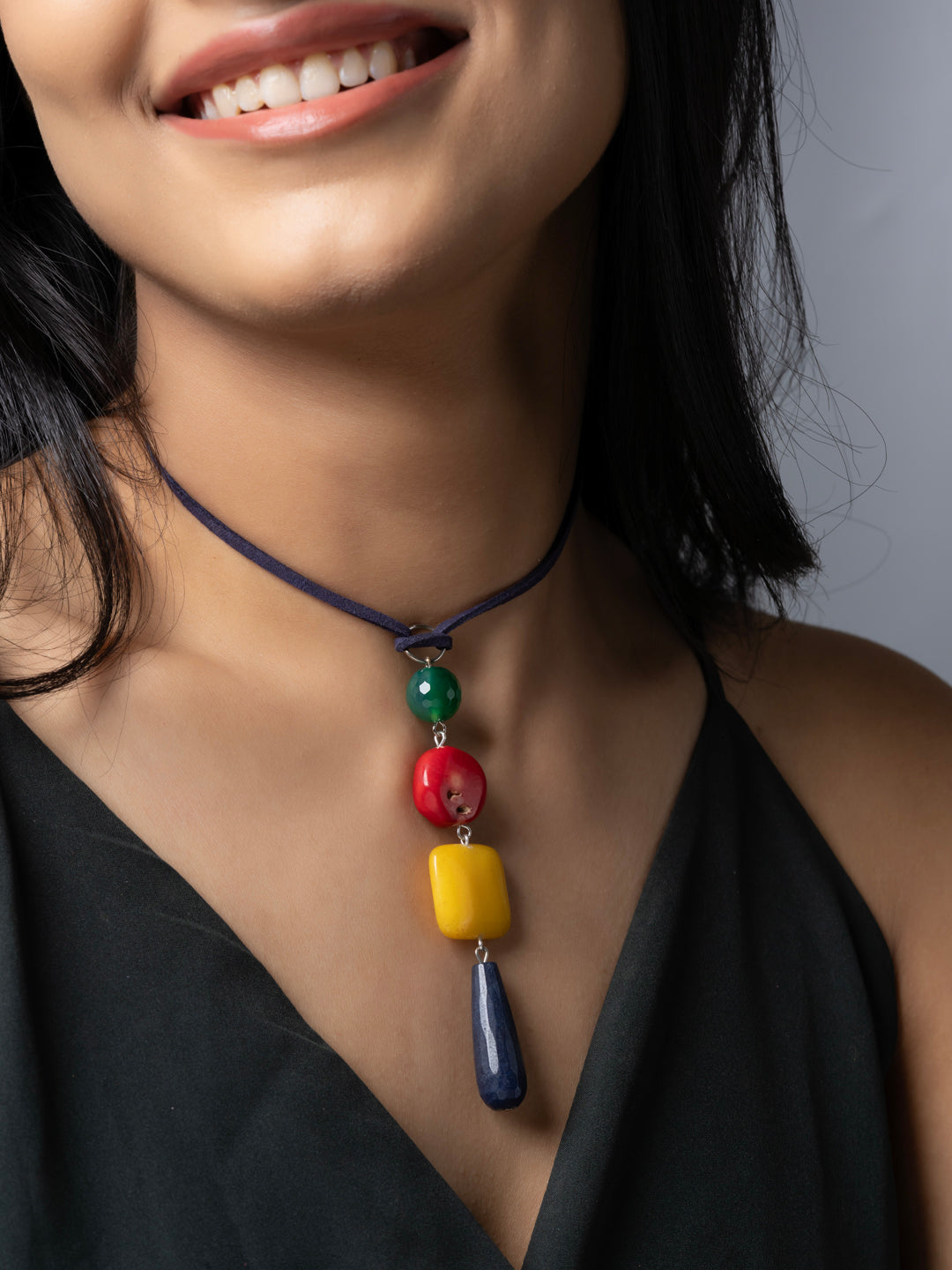 Semi Precious Red Blue Green Yellow Onyx Agate Coral Sleek necklace with adjustable Suede Cord LOOK AND ADORN - designed for you