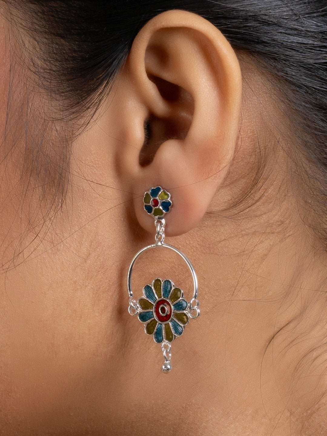 Mehendi Green Turquoise Blue Floral Meenakari Enamel Stud Chandbali Earring