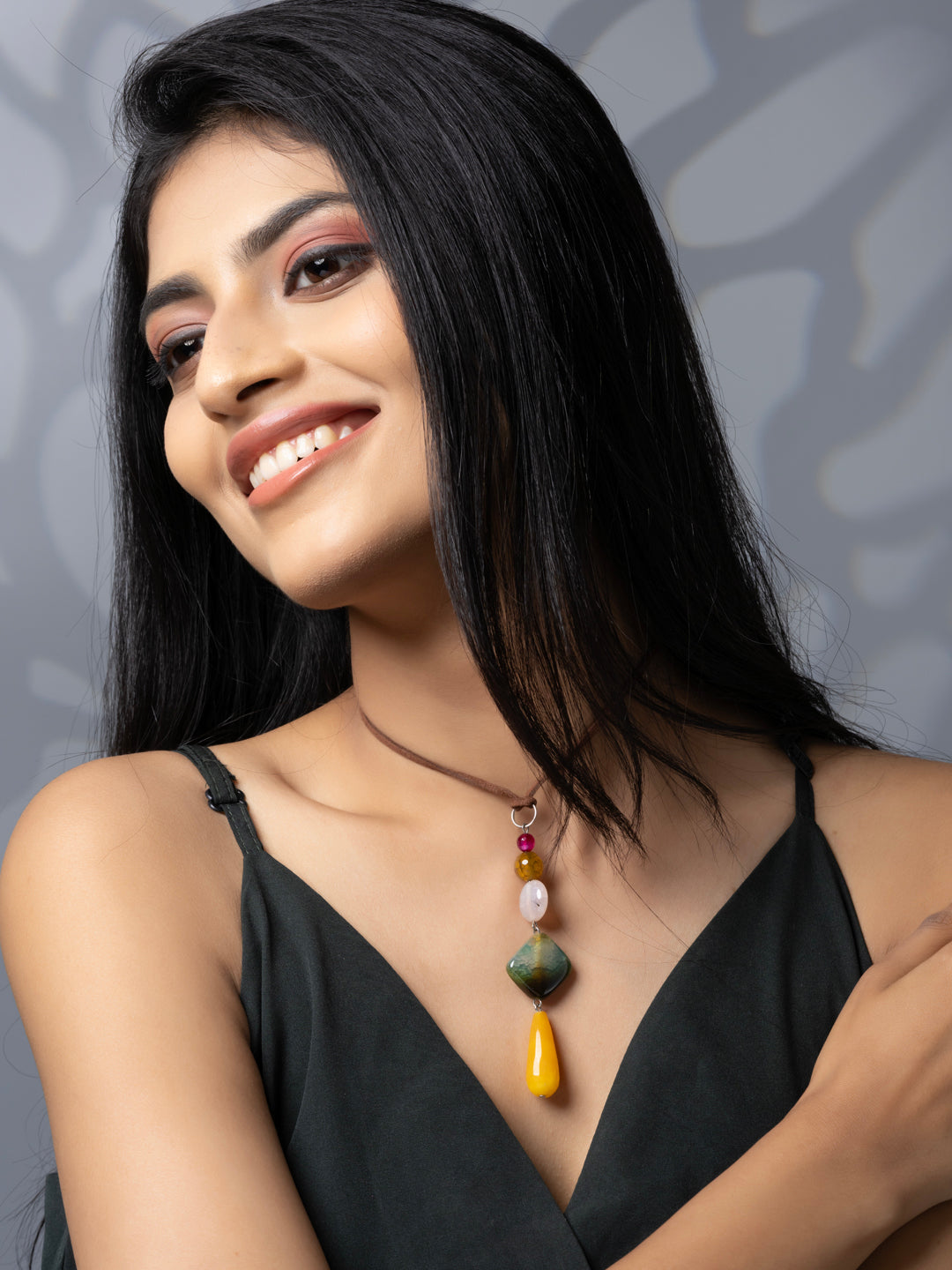 Semi Precious Brown Green Yellow Onyx Agate Coral Sleek necklace with adjustable Suede Cord LOOK AND ADORN - designed for you