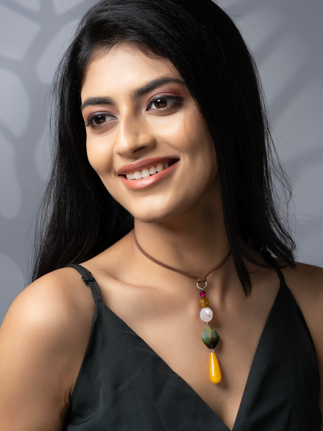 Semi Precious Brown Green Yellow Onyx Agate Coral Sleek necklace with adjustable Suede Cord LOOK AND ADORN - designed for you
