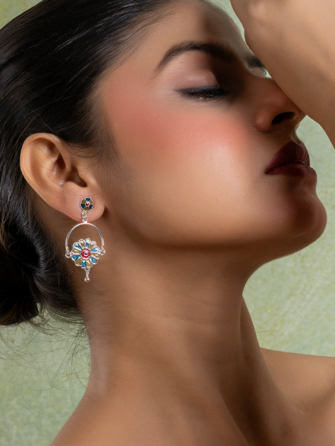 Mehendi Green Turquoise Blue Floral Meenakari Enamel Stud Chandbali Earring