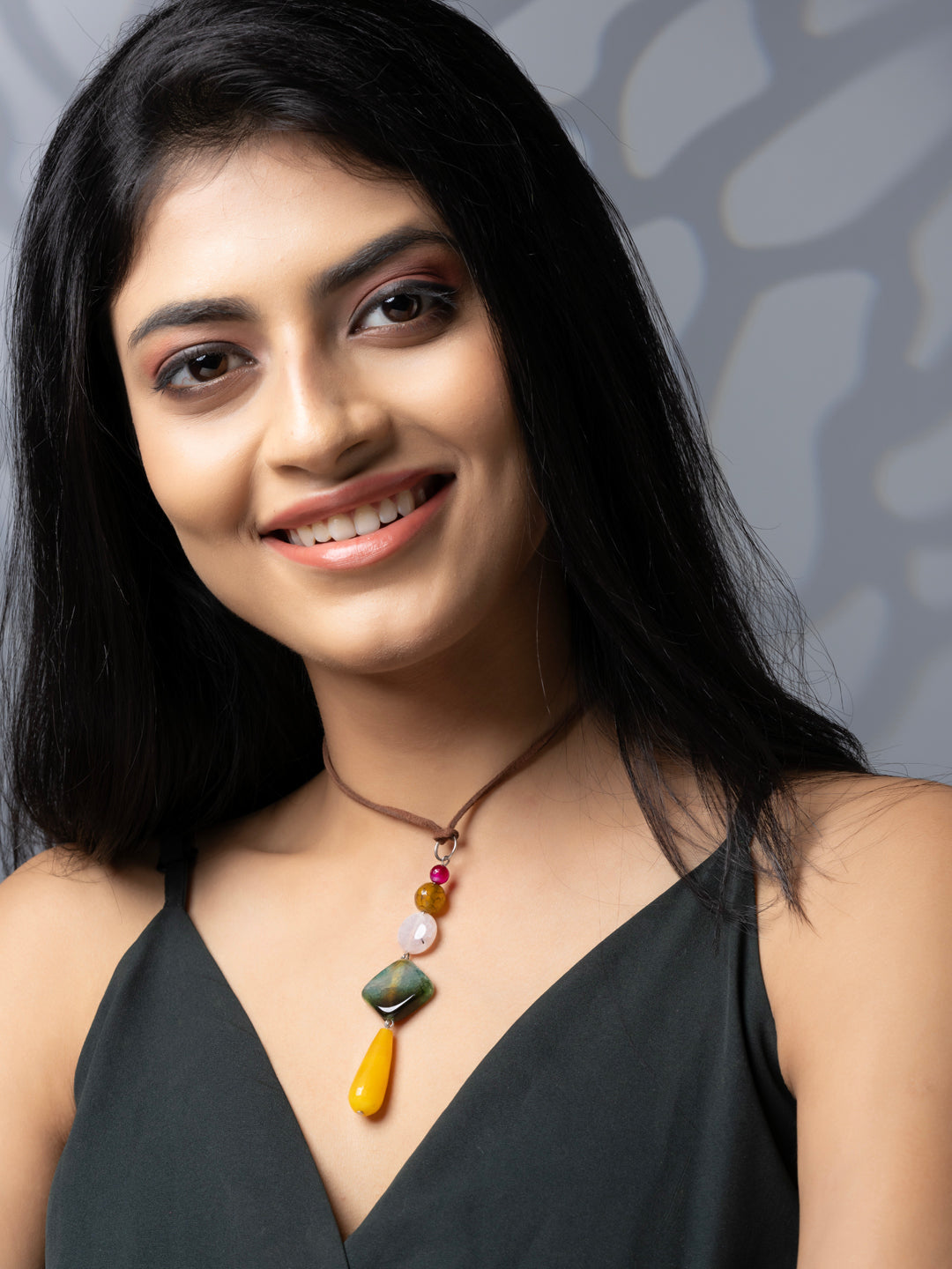 Semi Precious Brown Green Yellow Onyx Agate Coral Sleek necklace with adjustable Suede Cord LOOK AND ADORN - designed for you