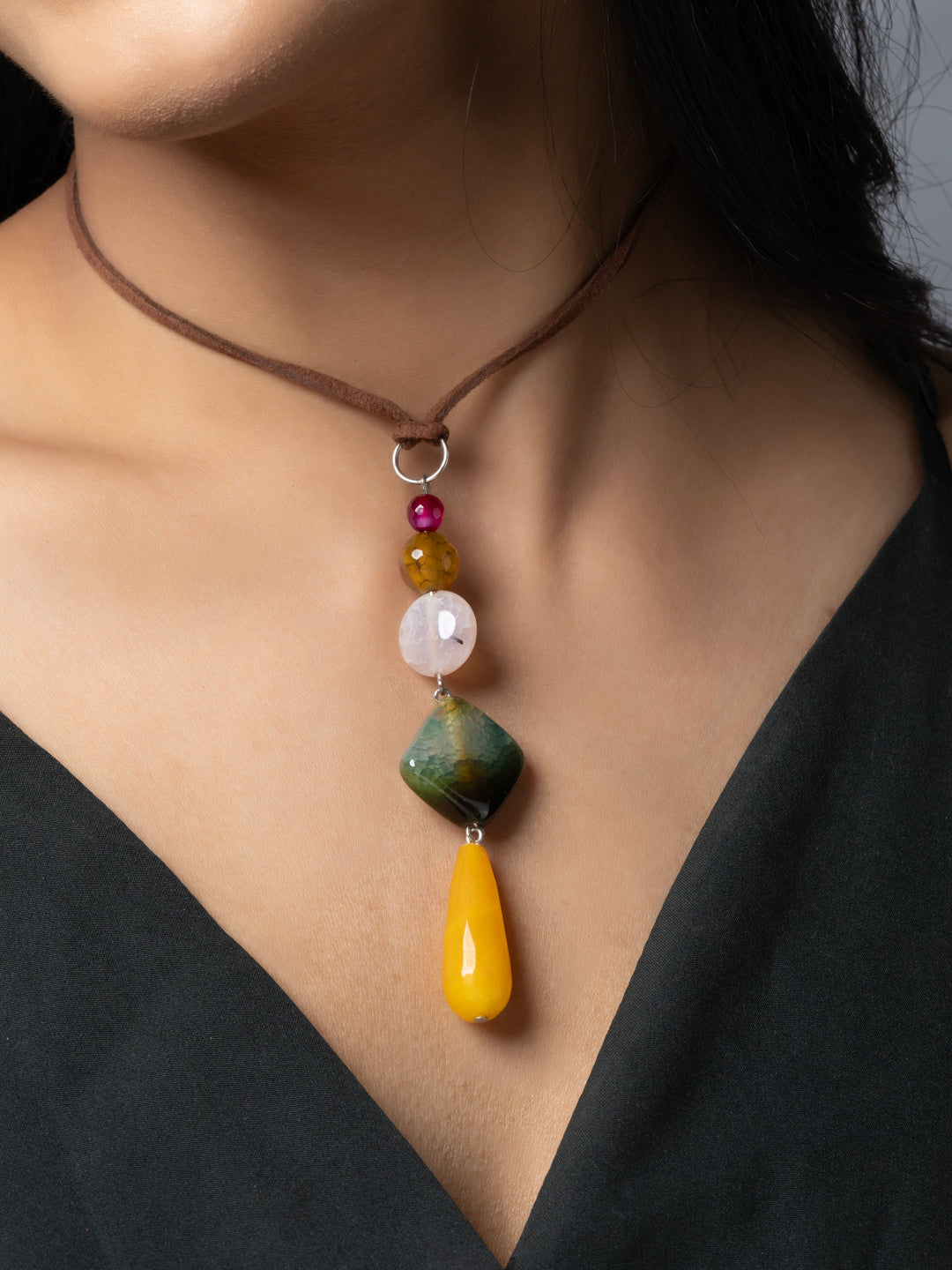 Semi Precious Brown Green Yellow Onyx Agate Coral Sleek necklace with adjustable Suede Cord LOOK AND ADORN - designed for you