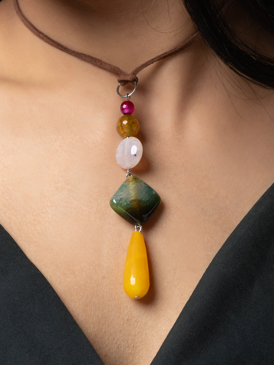 Semi Precious Brown Green Yellow Onyx Agate Coral Sleek necklace with adjustable Suede Cord LOOK AND ADORN - designed for you