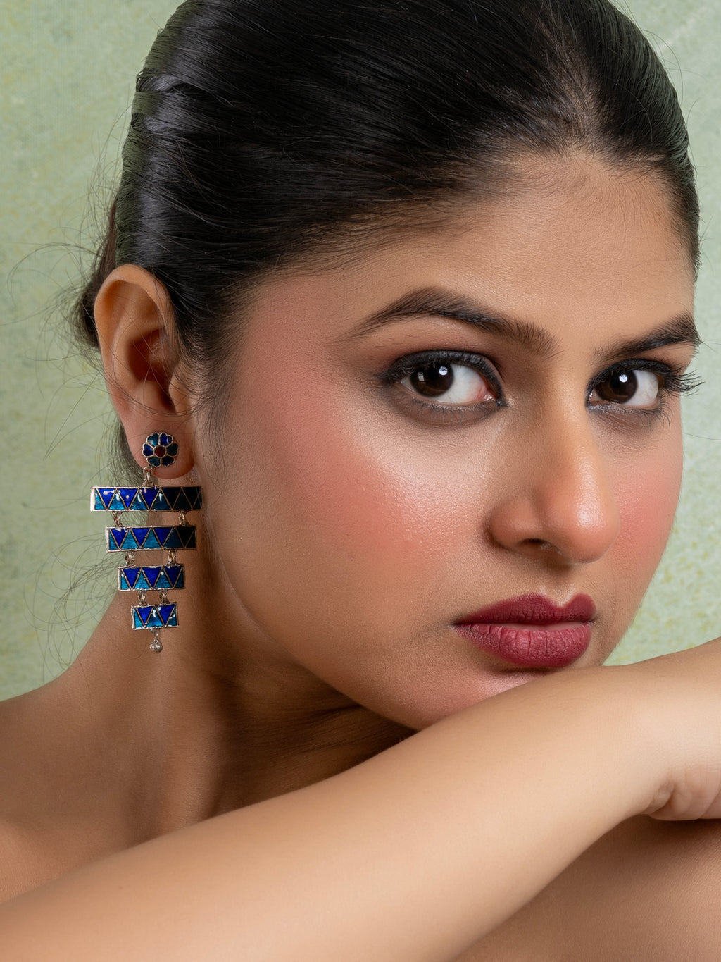 Turquoise Blue Floral Layered Stud Meenakari Enamel Earring