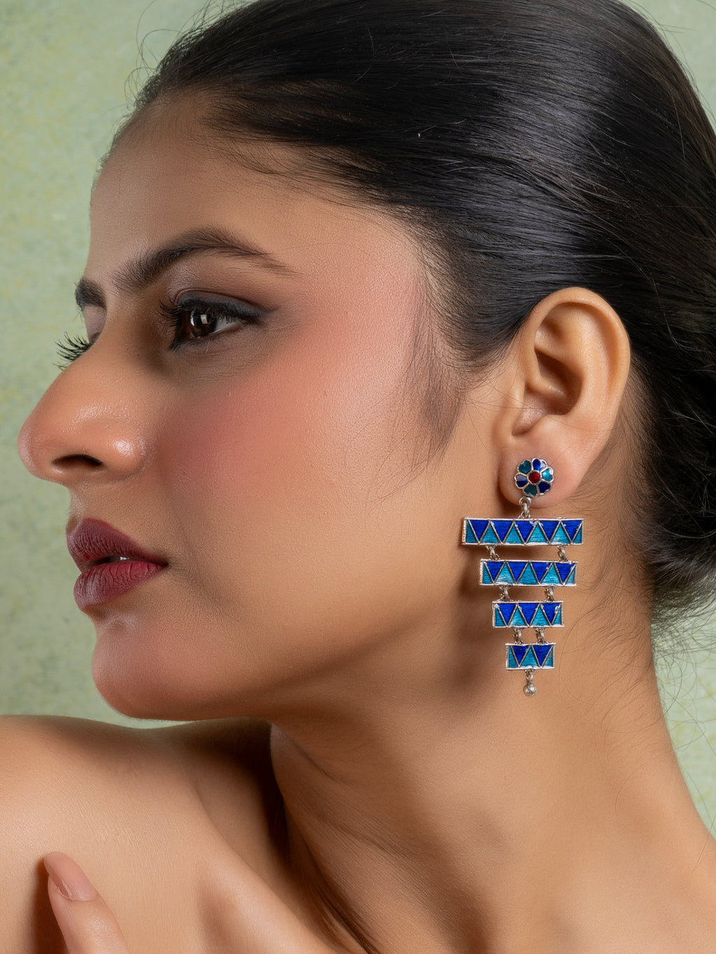 Turquoise Blue Floral Layered Stud Meenakari Enamel Earring