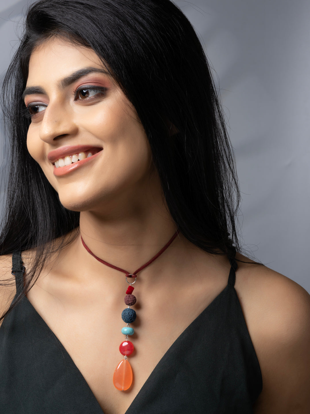 Semi Precious Turquoise Blue Brown Peach Rust Onyx Agate Sleek necklace with adjustable Suede Cord LOOK AND ADORN - designed for you