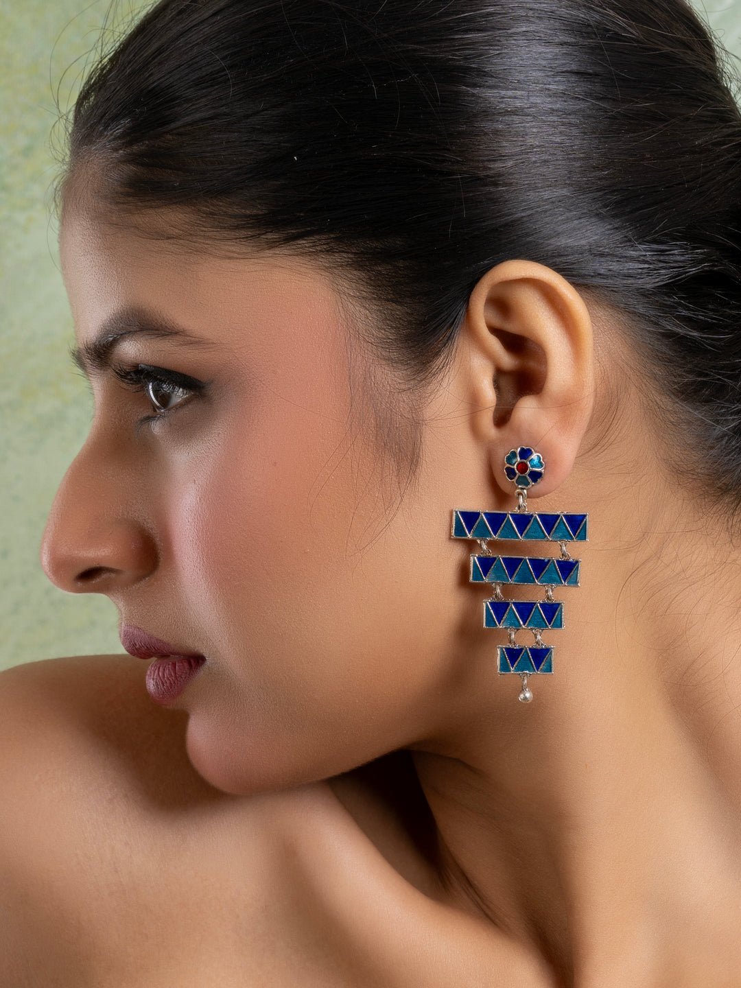 Turquoise Blue Floral Layered Stud Meenakari Enamel Earring