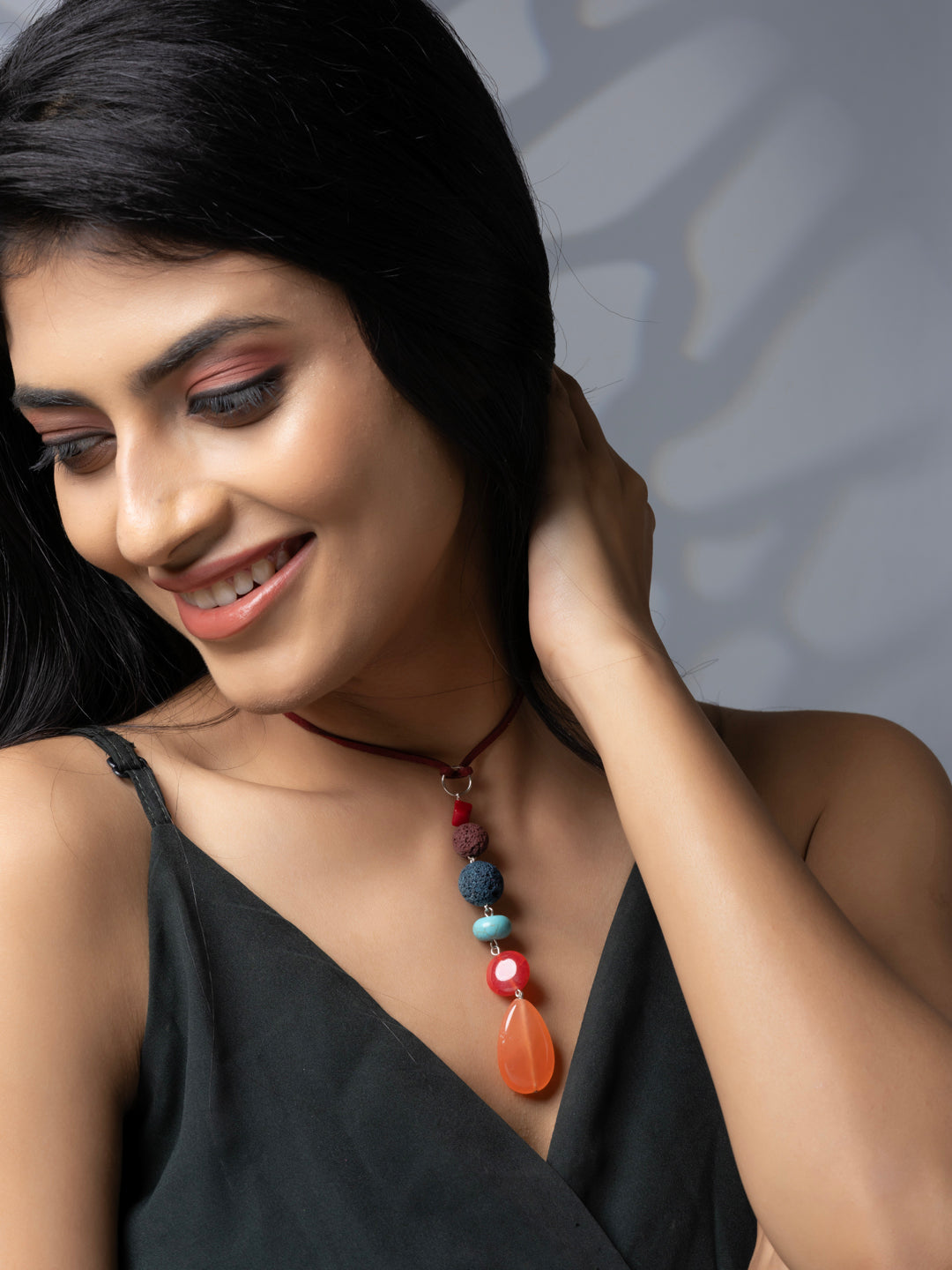 Semi Precious Turquoise Blue Brown Peach Rust Onyx Agate Sleek necklace with adjustable Suede Cord LOOK AND ADORN - designed for you