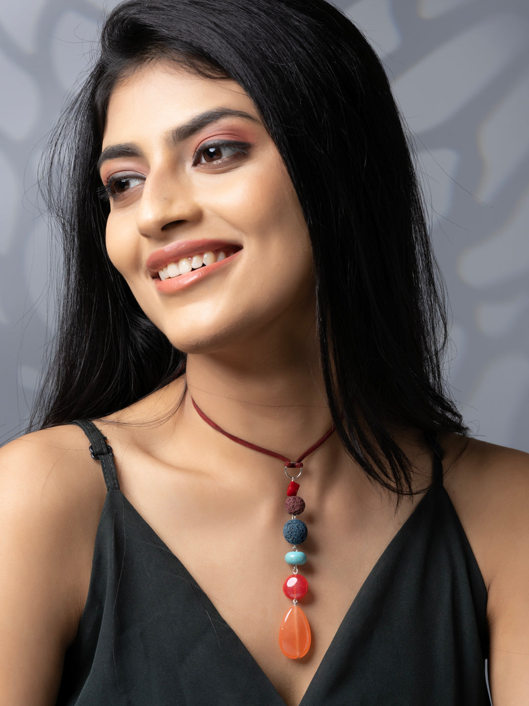 Semi Precious Turquoise Blue Brown Peach Rust Onyx Agate Sleek necklace with adjustable Suede Cord LOOK AND ADORN - designed for you