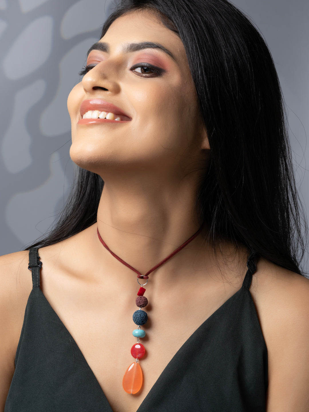 Semi Precious Turquoise Blue Brown Peach Rust Onyx Agate Sleek necklace with adjustable Suede Cord LOOK AND ADORN - designed for you