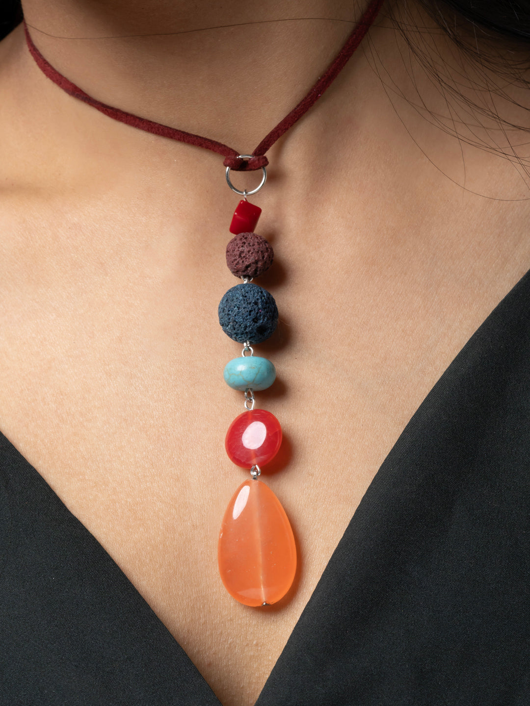 Semi Precious Turquoise Blue Brown Peach Rust Onyx Agate Sleek necklace with adjustable Suede Cord LOOK AND ADORN - designed for you