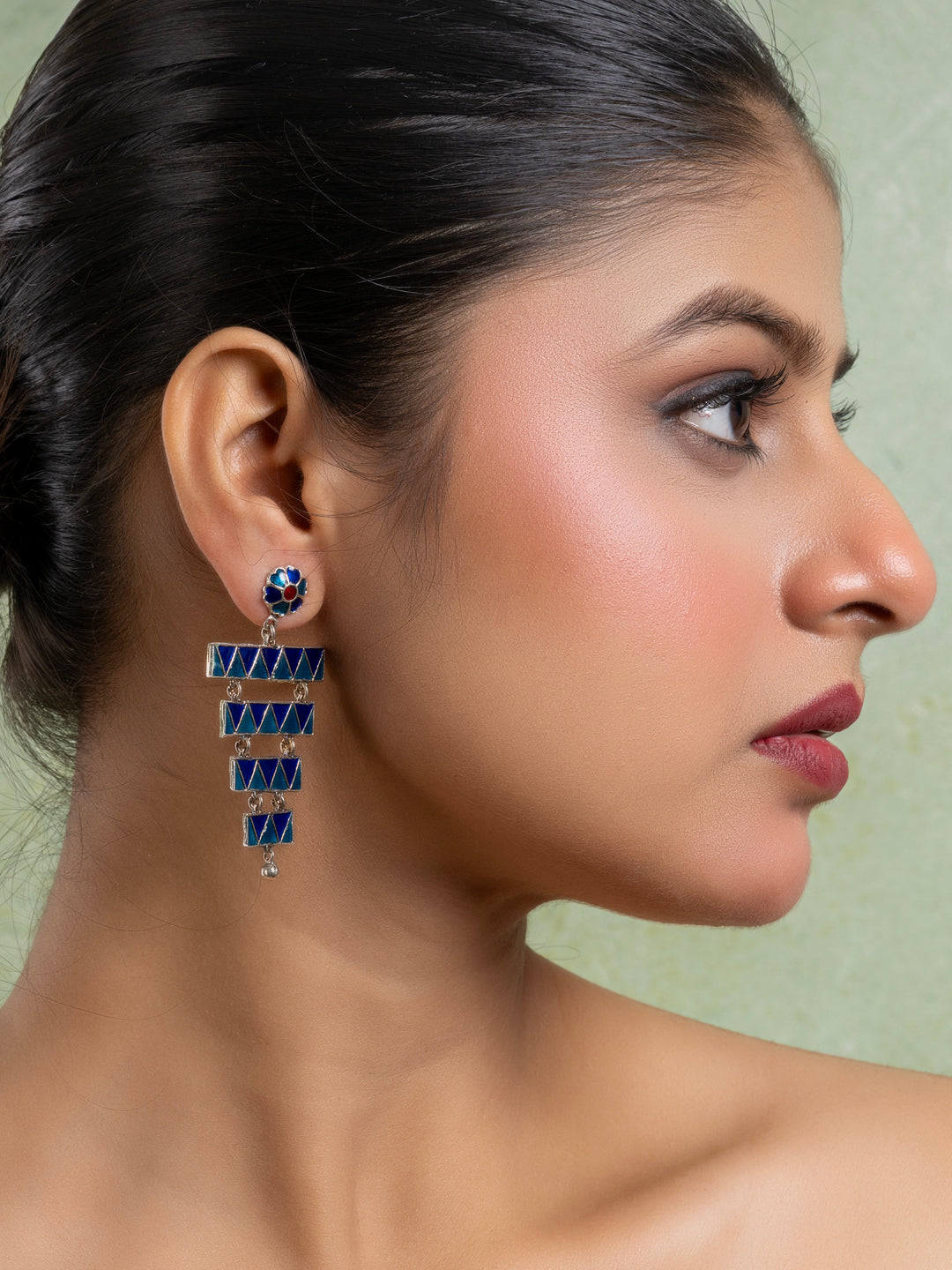 Turquoise Blue Floral Layered Stud Meenakari Enamel Earring