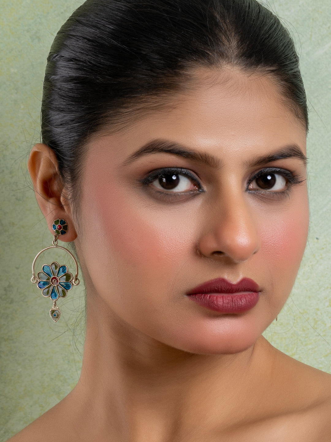 Mehendi Green Turquoise Blue Floral Meenakari Enamel Stud Chandbali Earring